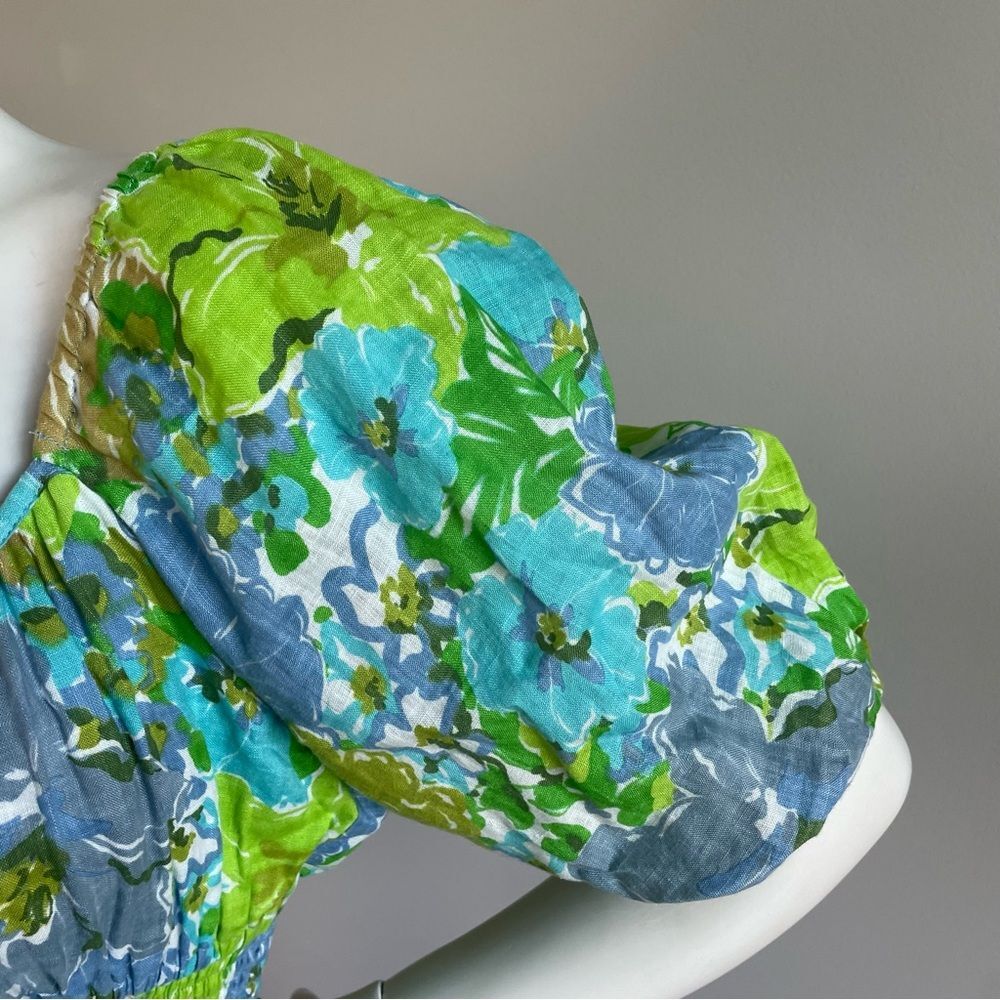 FAITHFULL THE BRAND Kinsley Linen Top Blue Green Floral Smocked Top - Picture 5 of 9
